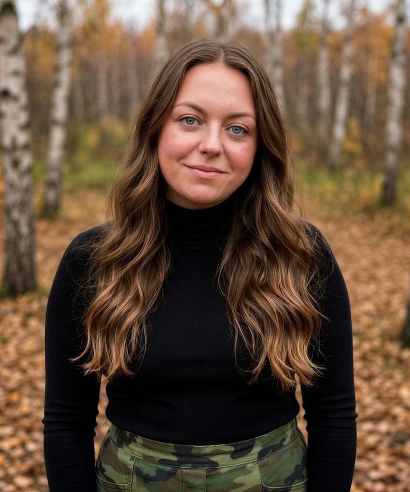 Olivia Bradbury standing in an autumn birch forest
